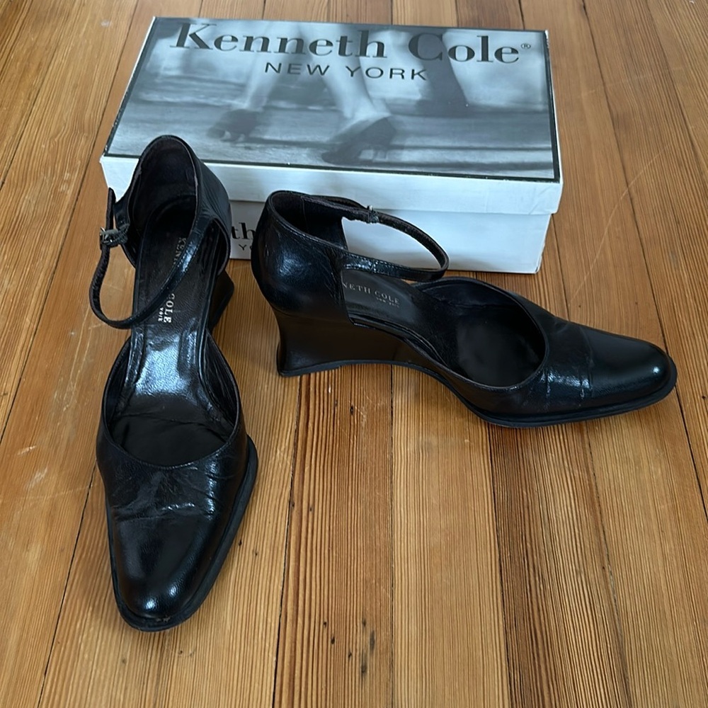 Kenneth Cole wedge ankle strap leather shoes.